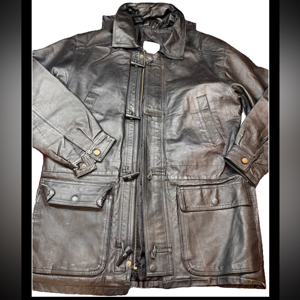 Ash Creek Trading BLACK leather CARGO POCKETS JACKET zip Toggle Button Men’s  S